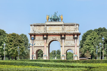 Fototapeta na wymiar The famous Arc de Triomphe du Carrousel located outside the Louvre, Paris, France