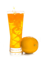 Orange juice and oranges on white background
