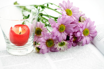 Candle and chrysanthemum on book