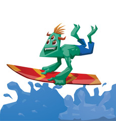 Vector cartoon image of a green male monster of surfing with blond hair,  three eyes, with horns in blue shorts standing on a red-orange surfboard on the blue sea waves on a light background.