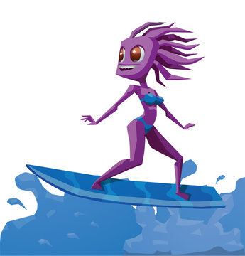 Vector cartoon image of a purple female monster of surfing with purple hair in a blue bikini standing on a blue surfboard on the blue sea waves on a light background.