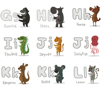 Vector Alphabet Animals, letters G-L. Cartoon image of letters of the alphabet G to L with animals: gorilla, hippo, horse, iguana, jaguar, jellyfish, kangaroo, koala and lemur on a light background.