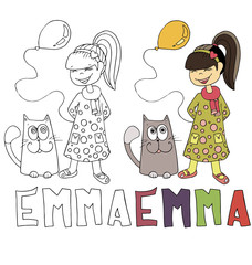 the simple drawing cartoon and with color of the image of children with different names in the compatibility with the character