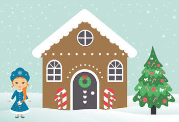 christmas house building with snow maiden and fir-tree