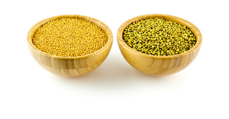 Organic yellow mustard and coriander arranged in bowls