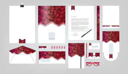 Corporate identity template. Vector company style for brand book and guideline. Folder, pen, envelope, business card, CD disc, flash memory card, pencil, ruler, glasses, and blank sheet.
