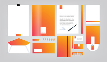 Fototapeta na wymiar Corporate identity template. Vector company style for brand book and guideline. Folder, pen, envelope, business card, CD disc, flash memory card, pencil, ruler, glasses, and blank sheet.
