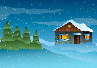 Vector illustration. House in the snow  near a trees.