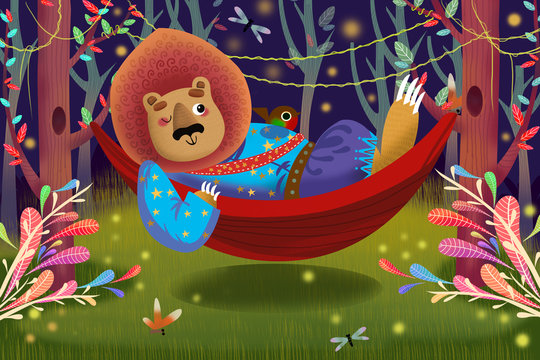 Illustration For Children: Lion King is Lying on a Hammock in Forest. Realistic Fantastic Cartoon Style Artwork Scene, Wallpaper, Story Background, Card Design
