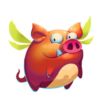 Illustration: Funny Flying Pig. Realistic Fantastic Cartoon Style Artwork, Character, Scene Wallpaper, Story Background, Card Design