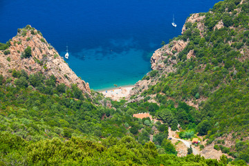 Fototapeta na wymiar Coastal landscape of Corsica. Small wild beach