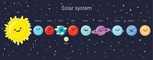 Solar system with cute smiling planets, sun and moon.