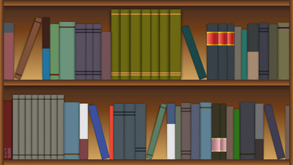 Wooden shelves with colorful books in flat style.