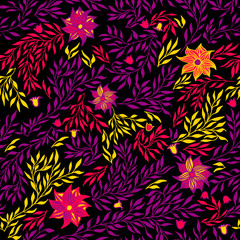 Floral seamless pattern on the black background. Vector illustration.