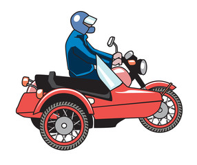 Retro motorcycle with sidecar with one passenger