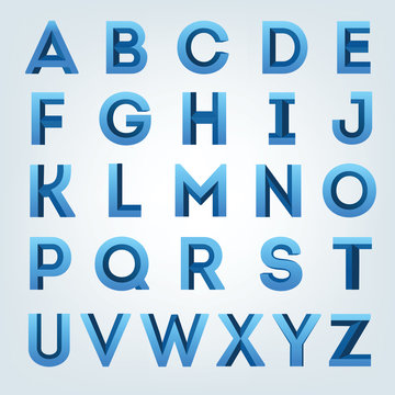 Creative blue 3D alphabet set. Beautiful bold font.
