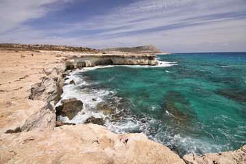Fototapeta na wymiar Sea and wind-eroded rocks, Cyprus
