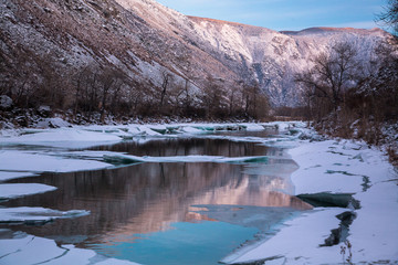 Beautiful winter landscape with snow covered trees. Russia. Altai. River Chulyshman