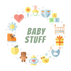 Baby (girl and boy) stuff flat multicolored cute vector circle frame. Modern 
minimalistic design (part two).