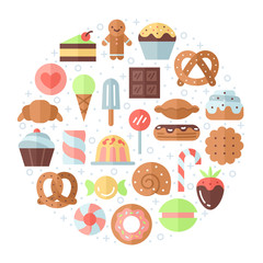 Sweets flat multicolored circle background. Modern minimalistic design.