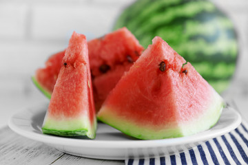 Sliced watermelon on plate closeup