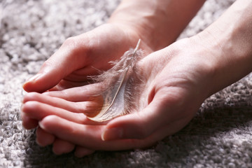 Hands holding a feather on grey carpet background, close-up