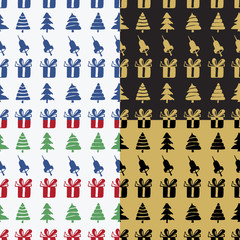 Set Seamless patterns bells, boxes and fir-trees
