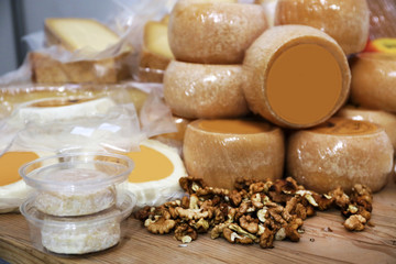 Cheese and walnut on wooden tale closeup