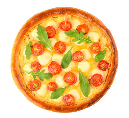 Pizza Margherita with arugula, isolated on white