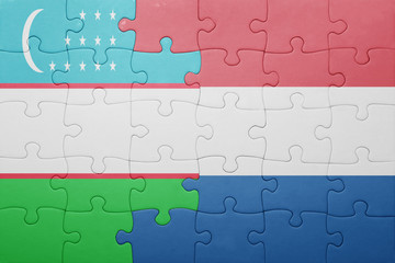 puzzle with the national flag of netherlands and uzbekistan
