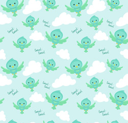 Seamless pattern with funny cartoon birds. Endless background.