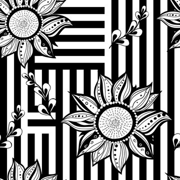 Black White Floral Seamless Background. Modern Style. Vector Illustration.