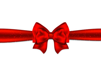 Red ribbon with bow on white background.