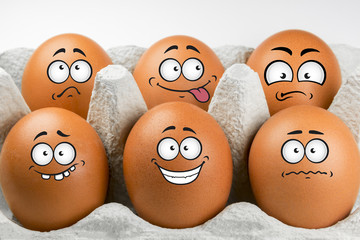 Eggs with faces and various expressions.