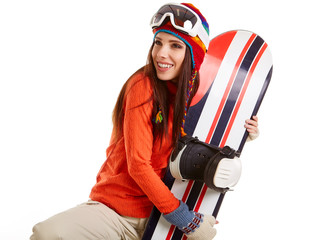 model wearing snoboard suit holding a snowboard in studio