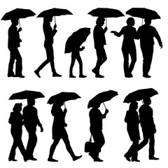 Black silhouettes man and woman under umbrella. Vector illustrat