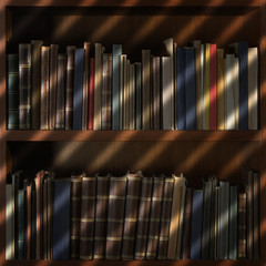 Old books in library shelf with blinds shadow
