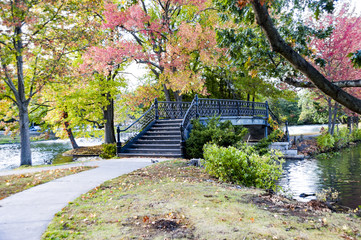 Bridge crossing lake in Roger Williams Park