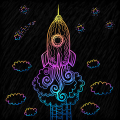 Vector ornate doodles rocket starting to space