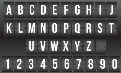 vector scoreboard, retro flip black and white numbers and alphabet, isolated