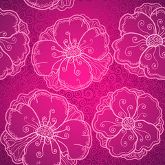 Ornate pink flowers vector seamless pattern