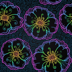 Rainbow doodle poppy flowers seamless pattern