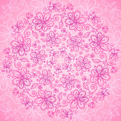 Pink vintage doodle flowers vector background