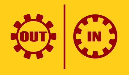 Out, in buttons. Text within gears