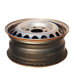 old car wheel, rusty car alloy rim isolated on white background