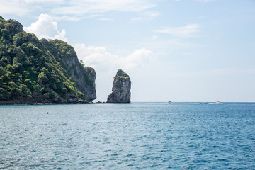 View of Maya Bay, Phi Phi island, Thailand, Phuket. Seascape of tropical island with resorts -  Krabi Province