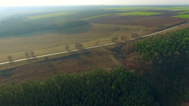 flight over the fields and forest