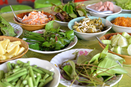 Thai southern style vegetables normally having with curry rice noodle curry, Phang Nga, Thailand