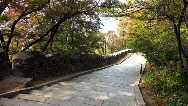 Stairway of the pedestrian path to the N Tower at Namsan park. Seoul, South Korea.