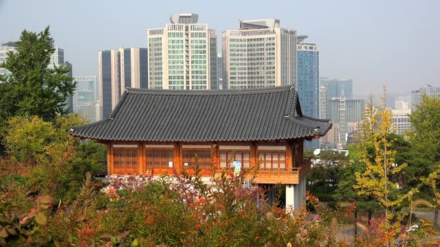 Modern building in traditional hanok design at the Namsan park. Seoul
